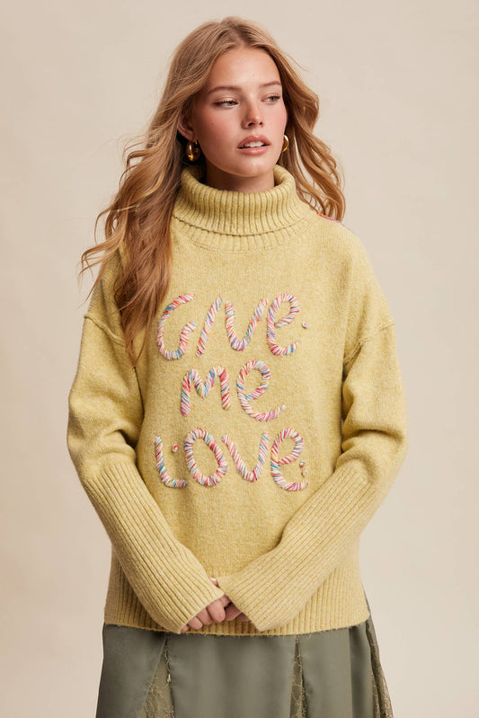 Give Me Love Embroidered Turtleneck Sweater