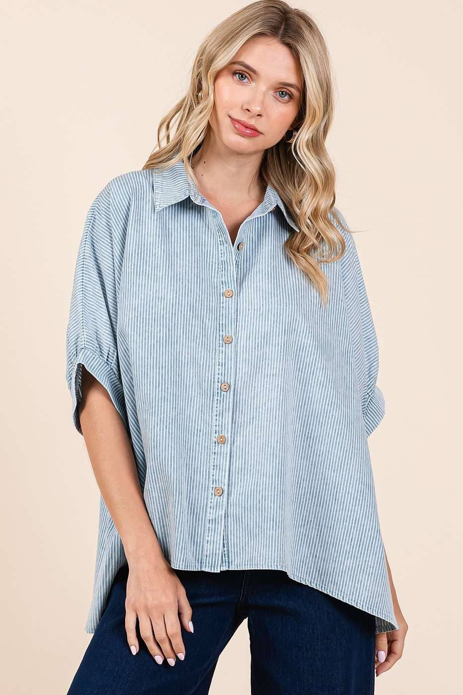 WASHED STRIPED PRINT DOLMAN BUTTON DOWN SHIRT