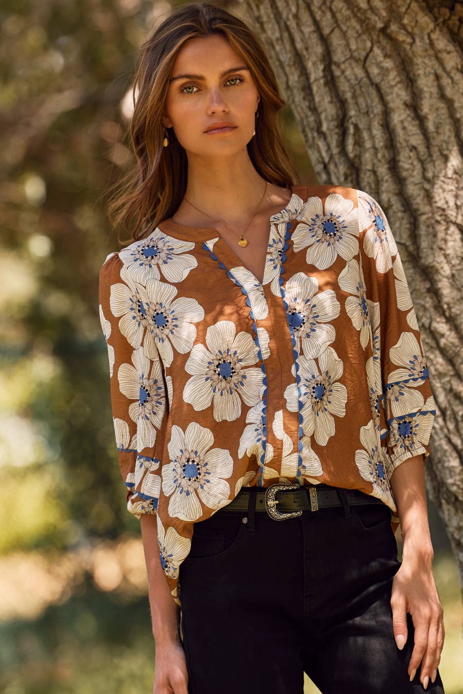 Floral Printed 3/4 Sleeve Blouse - Plus