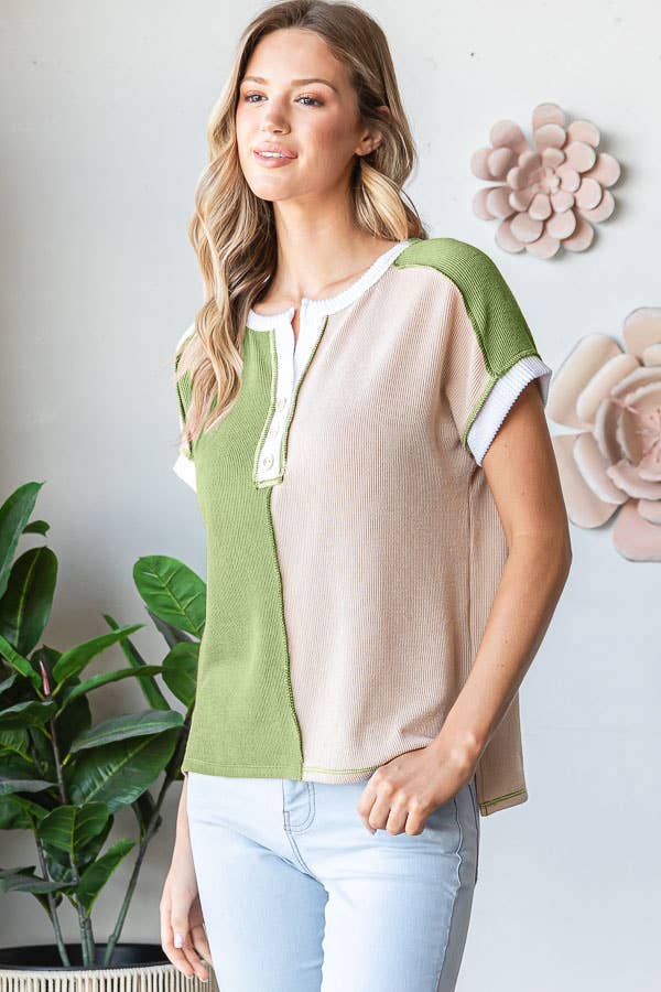 Ribbed Color Block Button Front Hi Low Short Sleeve