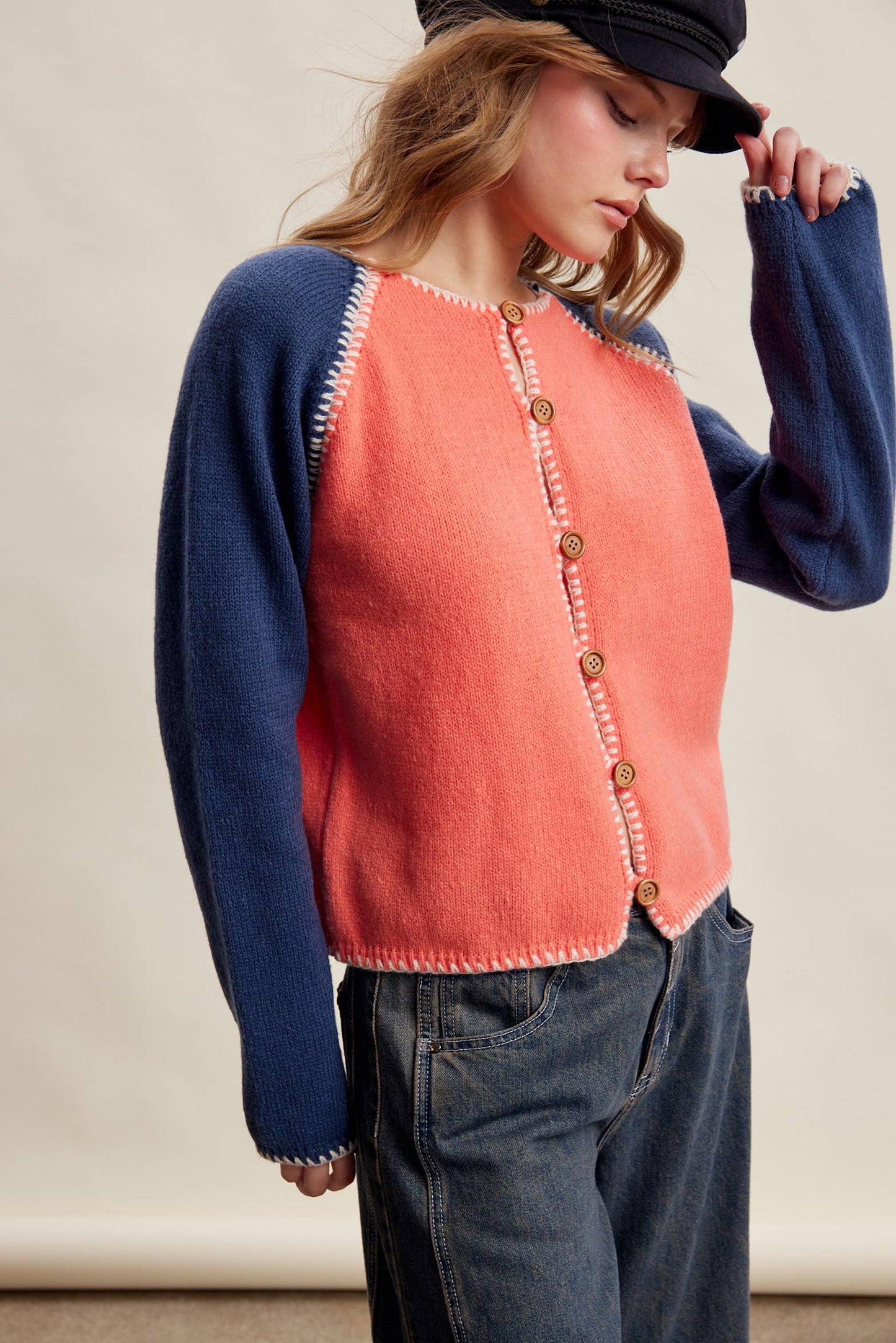 Contrast Stitch Raglan Knit Cardigan