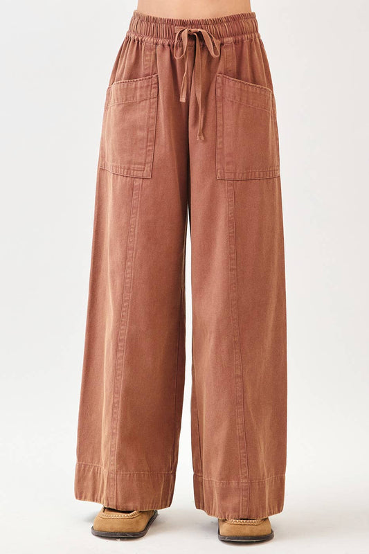MINERAL WASH WIDE LEG ELASTIC WAIST TWILL PANTS