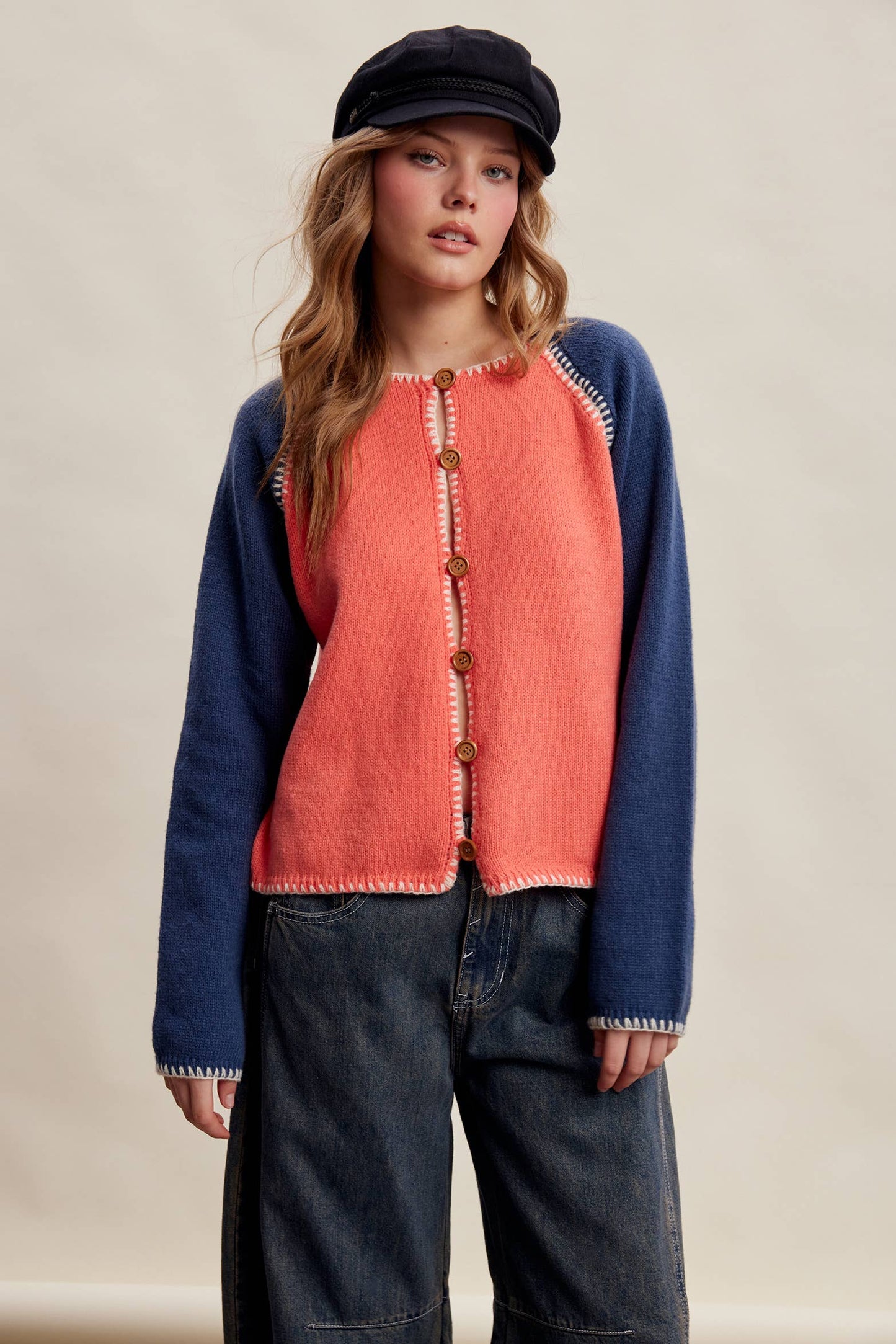 Contrast Stitch Raglan Knit Cardigan