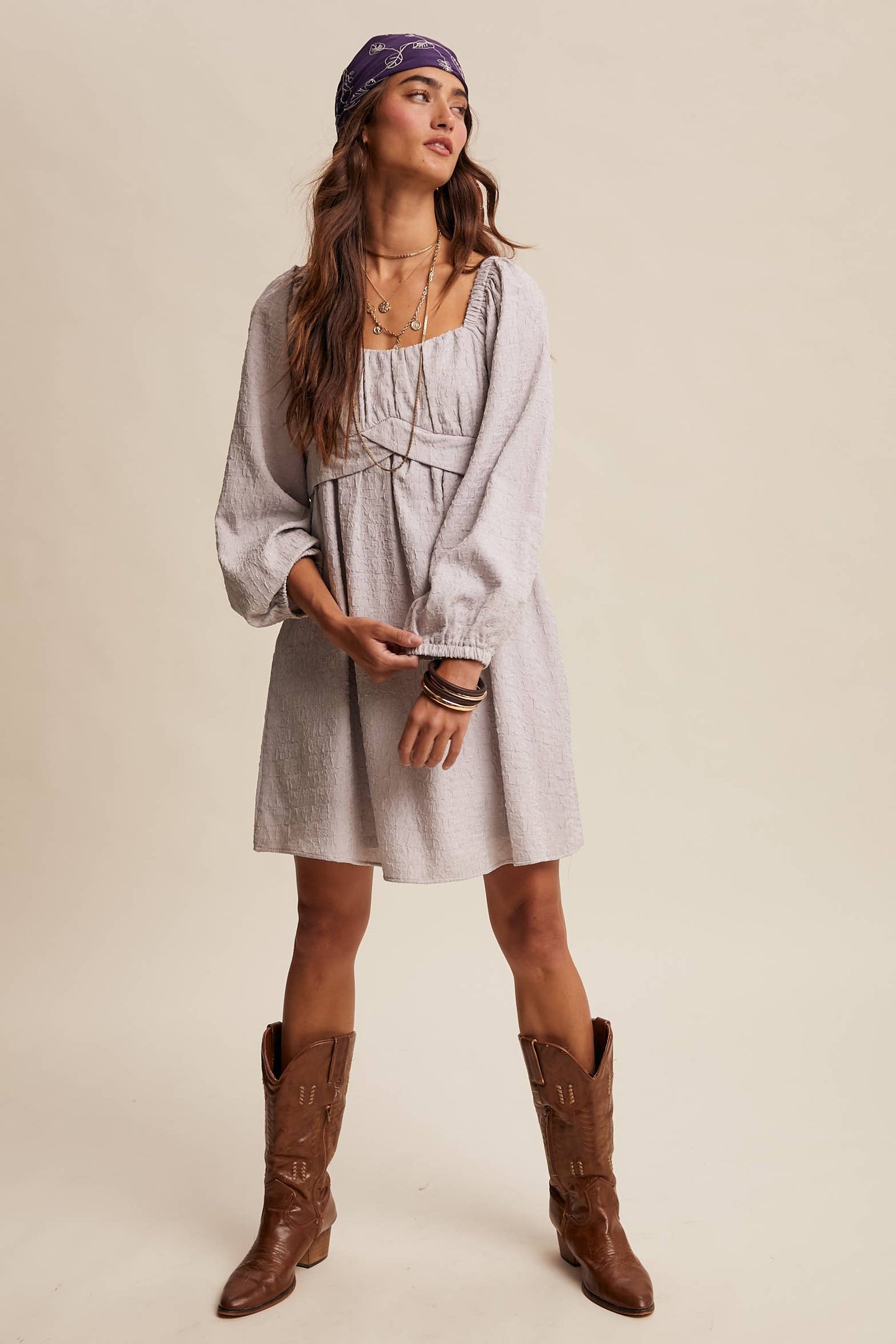 Textured Square Neck Babydoll Mini Dress