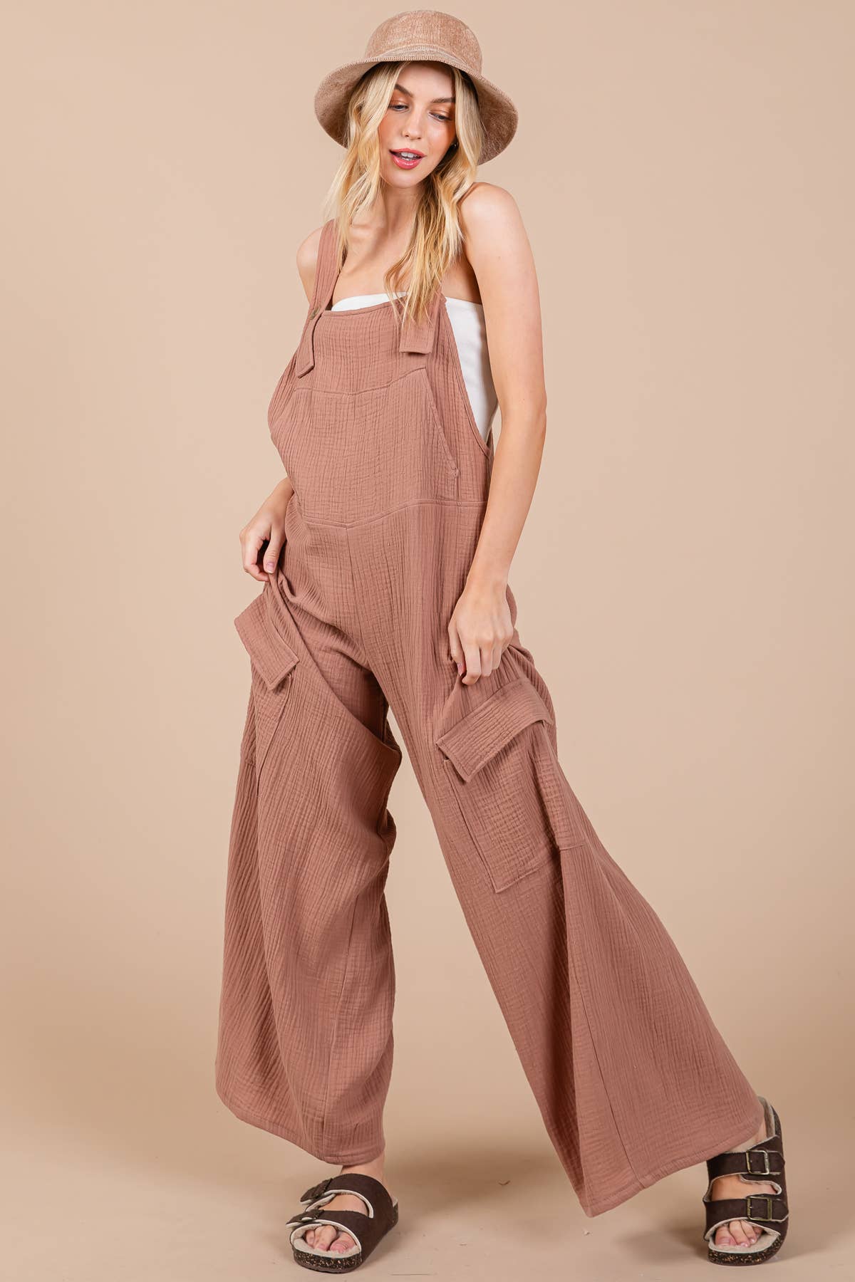 Solid Textured Wide Leg Jumpsuit