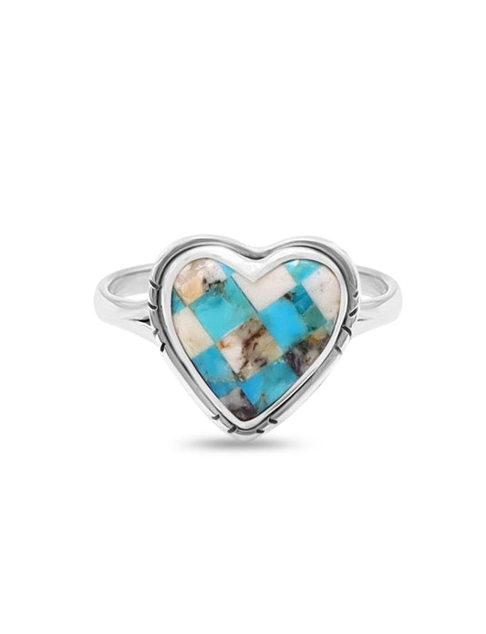 White Buffalo Turquoise Mosaic Heart Ring | Size 10